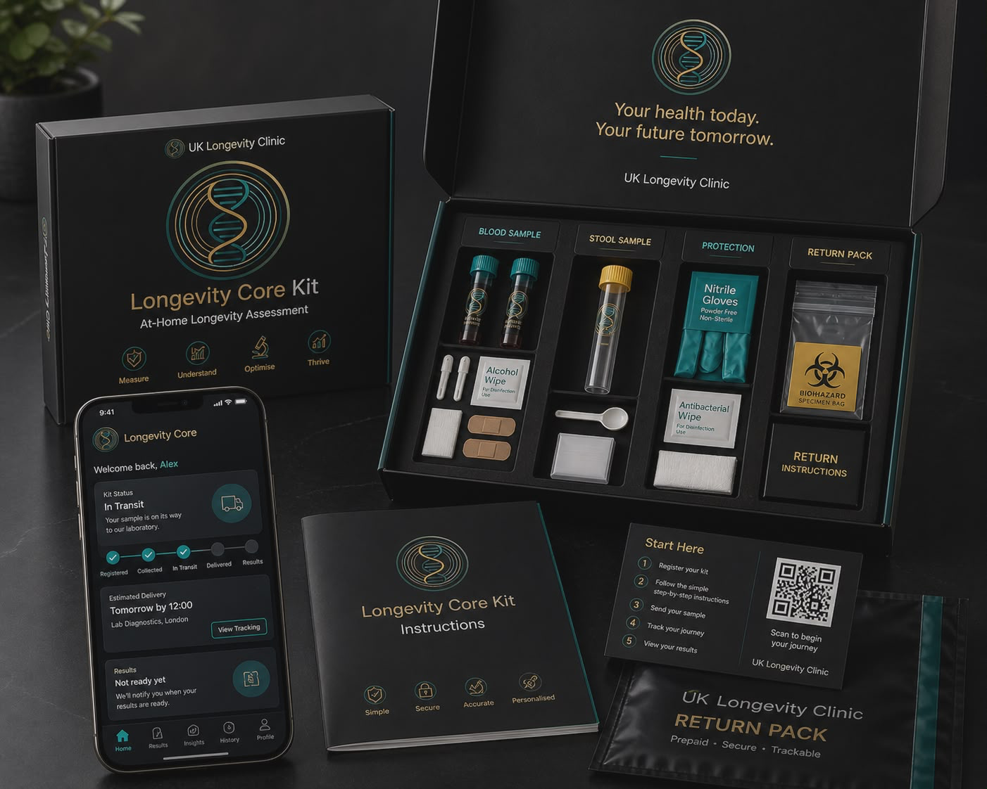 The Longevity Core Kit — at-home blood and stool sampling, with companion app